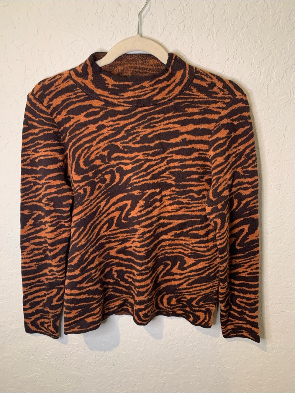 Ann Taylor Orange and Black Tiger Print Mock Neck Sweater